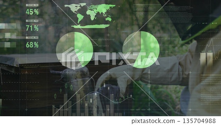 Lifting honeycomb frame beekeeper wearing protective gear in garden apiary with data overlay Lifting honeycomb frame beekeeper wearing protective gear in garden apiary with data overlay 135704988