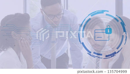 Three professionals discussing project plans in conference room, with digital security graphics Three professionals discussing project plans in conference room, with digital security graphics 135704999