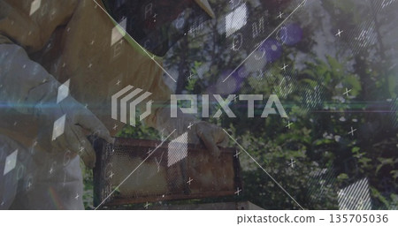 Lifting beekeeper in suit holding wooden honeycomb frame in shaded orchard, with digital overlays Lifting beekeeper in suit holding wooden honeycomb frame in shaded orchard, with digital overlays 135705036
