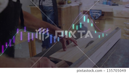 Carpenter in dark apron guiding wooden plank through shop table saw, candlestick chart overlay 135705049