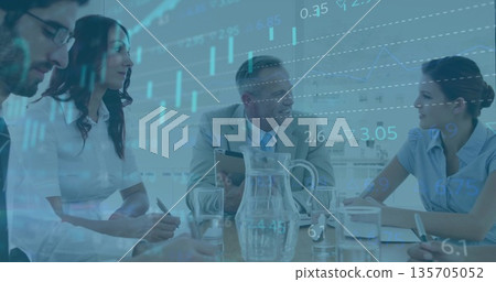 Leading meeting man wearing grey suit, blue tie holding tablet at conference table with data charts Leading meeting man wearing grey suit, blue tie holding tablet at conference table with data charts 135705052