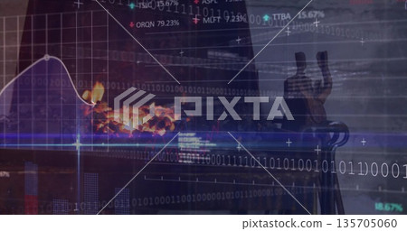 Market data streaming above fireplace, with line chart, tickers, binary, glowing embers, figurines Market data streaming above fireplace, with line chart, tickers, binary, glowing embers, figurines 135705060