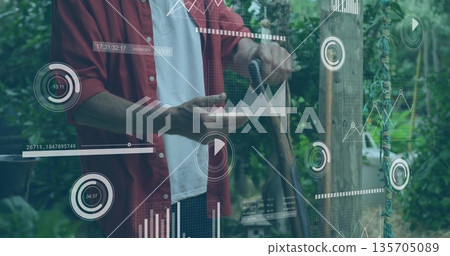 Adult male gripping shovel and gesturing at floating digital overlays in garden, with post rope Adult male gripping shovel and gesturing at floating digital overlays in garden, with post rope 135705089