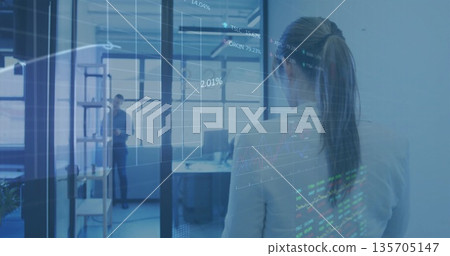 Analyst wearing business attire studying transparent interface with stock tickers at modern office Analyst wearing business attire studying transparent interface with stock tickers at modern office 135705147