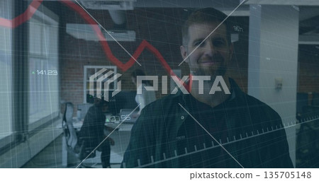 Presenting male wearing dark shirt reviewing declining data on trend overlay in open-plan office Presenting male wearing dark shirt reviewing declining data on trend overlay in open-plan office 135705148