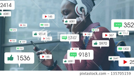 Scrolling woman wearing headphones and backpack at station, with smartphone and icons, copy space Scrolling woman wearing headphones and backpack at station, with smartphone and icons, copy space 135705159