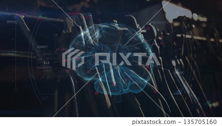 Floating translucent holographic brain projection glowing in workshop, with metal clamps and pipes Floating translucent holographic brain projection glowing in workshop, with metal clamps and pipes 135705160
