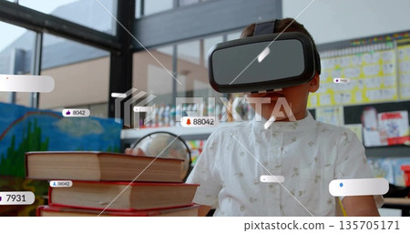 Boy wearing VR headset exploring augmented lesson in classroom, with books globe and craft paints Boy wearing VR headset exploring augmented lesson in classroom, with books globe and craft paints 135705171