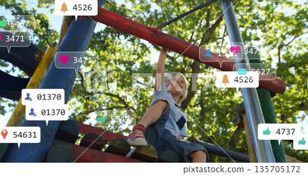 Climbing child gripping red horizontal bar in park playground, with floating social media icons Climbing child gripping red horizontal bar in park playground, with floating social media icons 135705172