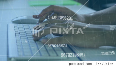 Hands typing on laptop keyboard creating numeric grids on office desk, with wireless mouse notebook Hands typing on laptop keyboard creating numeric grids on office desk, with wireless mouse notebook 135705176