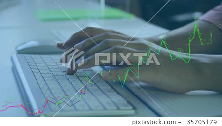 Typing woman's hands navigating slim white keyboard and mouse on office desk, with data overlay Typing woman's hands navigating slim white keyboard and mouse on office desk, with data overlay 135705179
