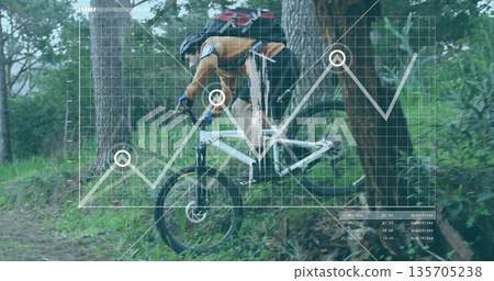 Riding cyclist wearing yellow jacket on mountain bike through woods with grid overlay 135705238