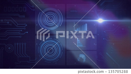 Animating central six-panel HUD interface on grid backdrop, with charts, globe icon and lens flare Animating central six-panel HUD interface on grid backdrop, with charts, globe icon and lens flare 135705288