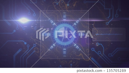 Central circular HUD spinning in virtual UI showing panels, waveform, circuit traces, glowing nodes 135705289