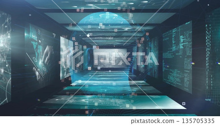 Showing holographic head flowing streams in virtual corridor, data screens and floating code blocks 135705335