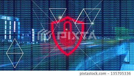 Displaying red shield icon with padlock and target rings on digital dashboard, with streaming code 135705336