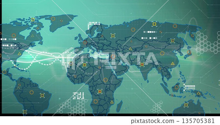 Presenting stylized world map in UI style, with dotted route lines, data markers, hex patterns Presenting stylized world map in UI style, with dotted route lines, data markers, hex patterns 135705381