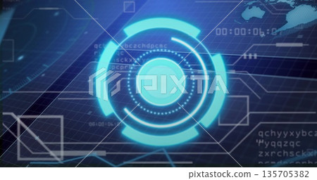 Projecting holographic UI element in console with grid plane, scrolling code and world map outlines Projecting holographic UI element in console with grid plane, scrolling code and world map outlines 135705382