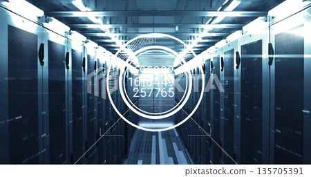 Projecting digital overlay displaying numeric readouts down data center corridor, with server racks Projecting digital overlay displaying numeric readouts down data center corridor, with server racks 135705391