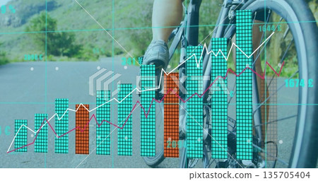 Riding cyclist on road bicycle wearing shorts and jersey on paved mountain road with graph overlays Riding cyclist on road bicycle wearing shorts and jersey on paved mountain road with graph overlays 135705404