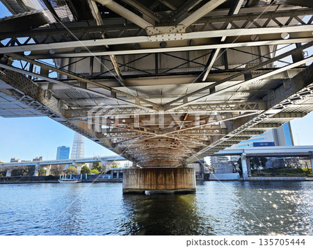 Tokyo, Japan Janualry 14, 2026 Underside of the Kototoi Bridge spanning the Sumida River in Tokyo, Japan. Tokyo, Japan Janualry 14, 2026 Underside of the Kototoi Bridge spanning the Sumida River in Tokyo, Japan. 135705444