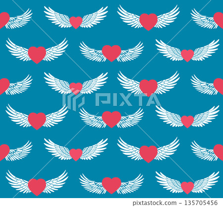 Vector seamless pattern with hearts with angel wings on blue background. Festive texture with love symbol in the air Vector seamless pattern with hearts with angel wings on blue background. Festive texture with love symbol in the air 135705456