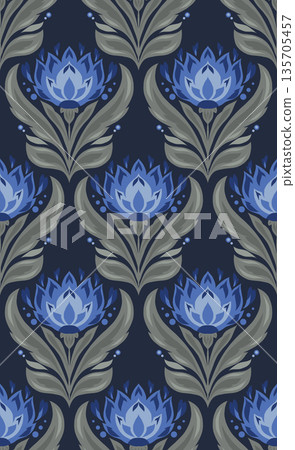 Vector seamless floral pattern with stylized lotus blue flowers on dark background. Decorative floral folk art style texture Vector seamless floral pattern with stylized lotus blue flowers on dark background. Decorative floral folk art style texture 135705457