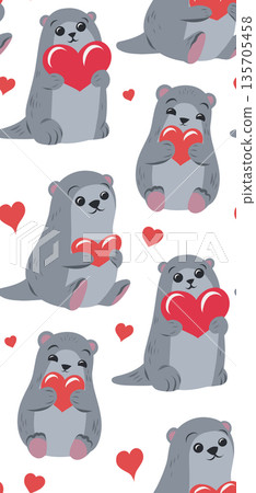 Childish vector seamless pattern with otter with hearts. Pet for Valentine Day. Festive texture of cute naive hand drawn animal 135705458