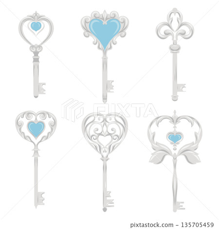 Vector set of silver keys with hearts and jewelry. Festive collection of vintage metal keys clip arts. A Valentine Day symbol Vector set of silver keys with hearts and jewelry. Festive collection of vintage metal keys clip arts. A Valentine Day symbol 135705459