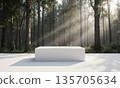Podium in Nature. A simple, modern, white podium inexplicably placed in the middle of a serene, misty forest. Soft, diffused 135705634