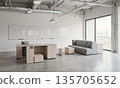 Empty Creative Incubator. A modern incubator space with modular, reconfigurable furniture pieces separated in a large, open room. Whiteboards are 135705652