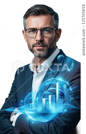 A confident male CEO in icy blue, standing strong with floating projections of sustainable growth and global leadership, reflecting his 135705658