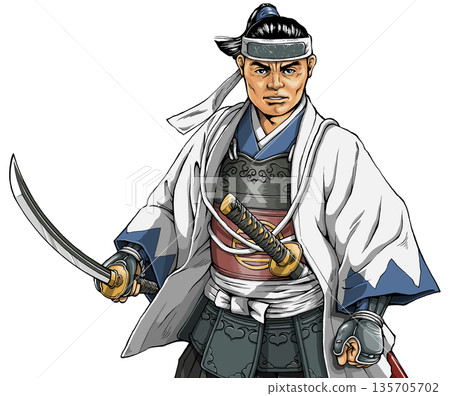 Shinsengumi chief Kondo Isami wearing his uniform and drawing his sword 135705702