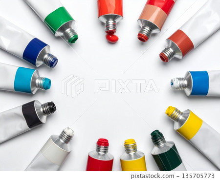 Colorful paint tubes arranged in a circle 135705773