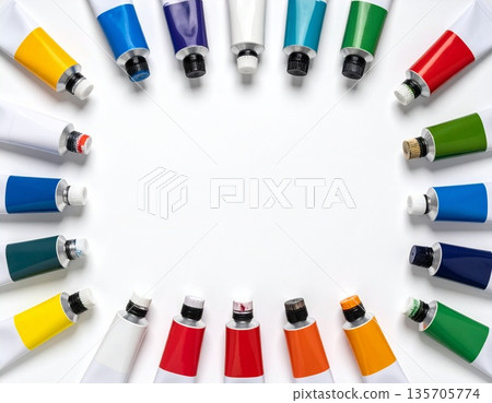 Colorful art of paint tubes arranged in a circle Colorful art of paint tubes arranged in a circle 135705774