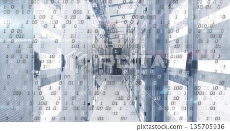 Displaying server rack corridor in data center, with network switches, patch cables, binary overlay 135705936