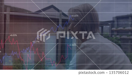 Mature woman analyzing financial data overlay on residential balcony, with bar charts, copy space Mature woman analyzing financial data overlay on residential balcony, with bar charts, copy space 135706012