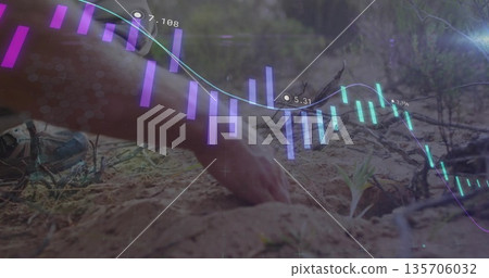 Pressing adult forearm around seedling in field plot with hiking shoes, neon overlay, copy space 135706032