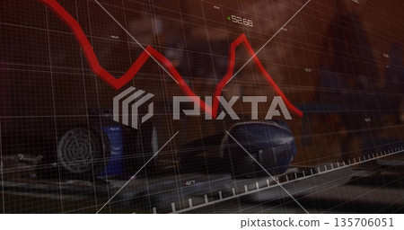 Red chart trending across office desk, with mouse, earcup, tumbler, grid overlay, 52 Red chart trending across office desk, with mouse, earcup, tumbler, grid overlay, 52 135706051