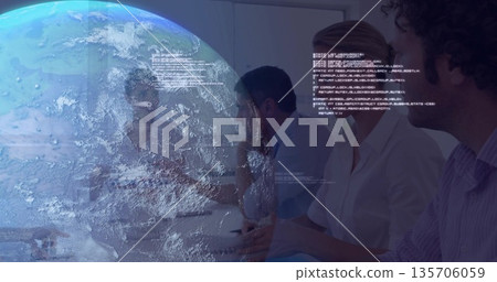 Discussing corporate team pointing at holographic Earth projection with code lines in meeting room 135706059