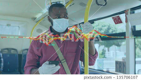 Checking smartphone with data overlays while gripping handrail on city bus by masked gloved rider Checking smartphone with data overlays while gripping handrail on city bus by masked gloved rider 135706107