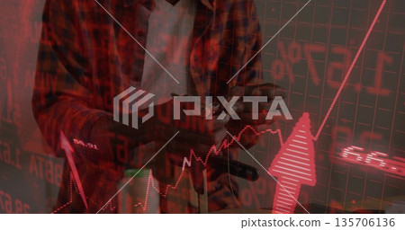 Man wearing red flannel shirt tapping smartphone with stylus in tech office, with red grid overlay Man wearing red flannel shirt tapping smartphone with stylus in tech office, with red grid overlay 135706136