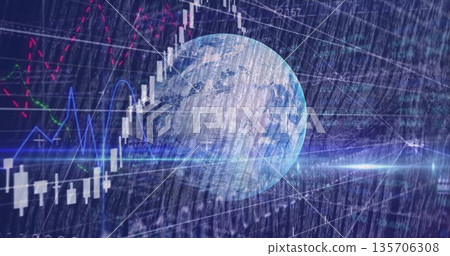 Showing Earth globe overlaying environment with financial charts numeric matrix and light streaks Showing Earth globe overlaying environment with financial charts numeric matrix and light streaks 135706308