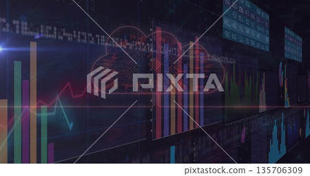 Displaying stylized cloud icon overlaying colorful bars and line graphs in dashboard analytics Displaying stylized cloud icon overlaying colorful bars and line graphs in dashboard analytics 135706309