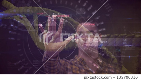 Man wearing plaid shirt manipulating holographic interface in lab, displaying glowing DNA helix Man wearing plaid shirt manipulating holographic interface in lab, displaying glowing DNA helix 135706310