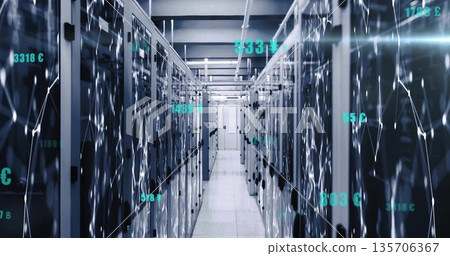Showing central corridor running through high tech datacenter, with server racks, overlay icons Showing central corridor running through high tech datacenter, with server racks, overlay icons 135706367