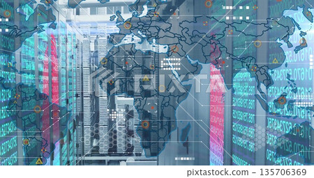 Highlighting server racks streaming numeric code and map overlay in server room, with LED lights 135706369