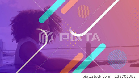 Leaning woman wearing white top gazing at bay on waterfront railing with shape overlays, copy space Leaning woman wearing white top gazing at bay on waterfront railing with shape overlays, copy space 135706395