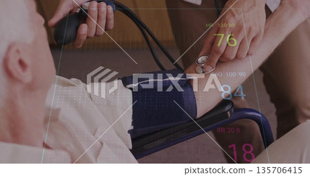 nurse measuring blood pressure in wheelchair at home with cuff, stethoscope showing vitals overlay 135706415