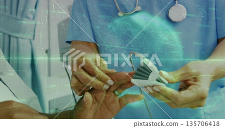 Positioning nurse with stethoscope placing oximeter sensor on patient finger in clinic with overlay Positioning nurse with stethoscope placing oximeter sensor on patient finger in clinic with overlay 135706418